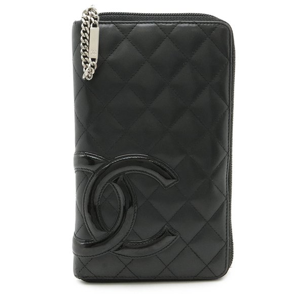 CHANEL Cambon Line Coco Mark Round Long Wallet Organizer Leather Enamel Black Pi - Picture 1 of 10